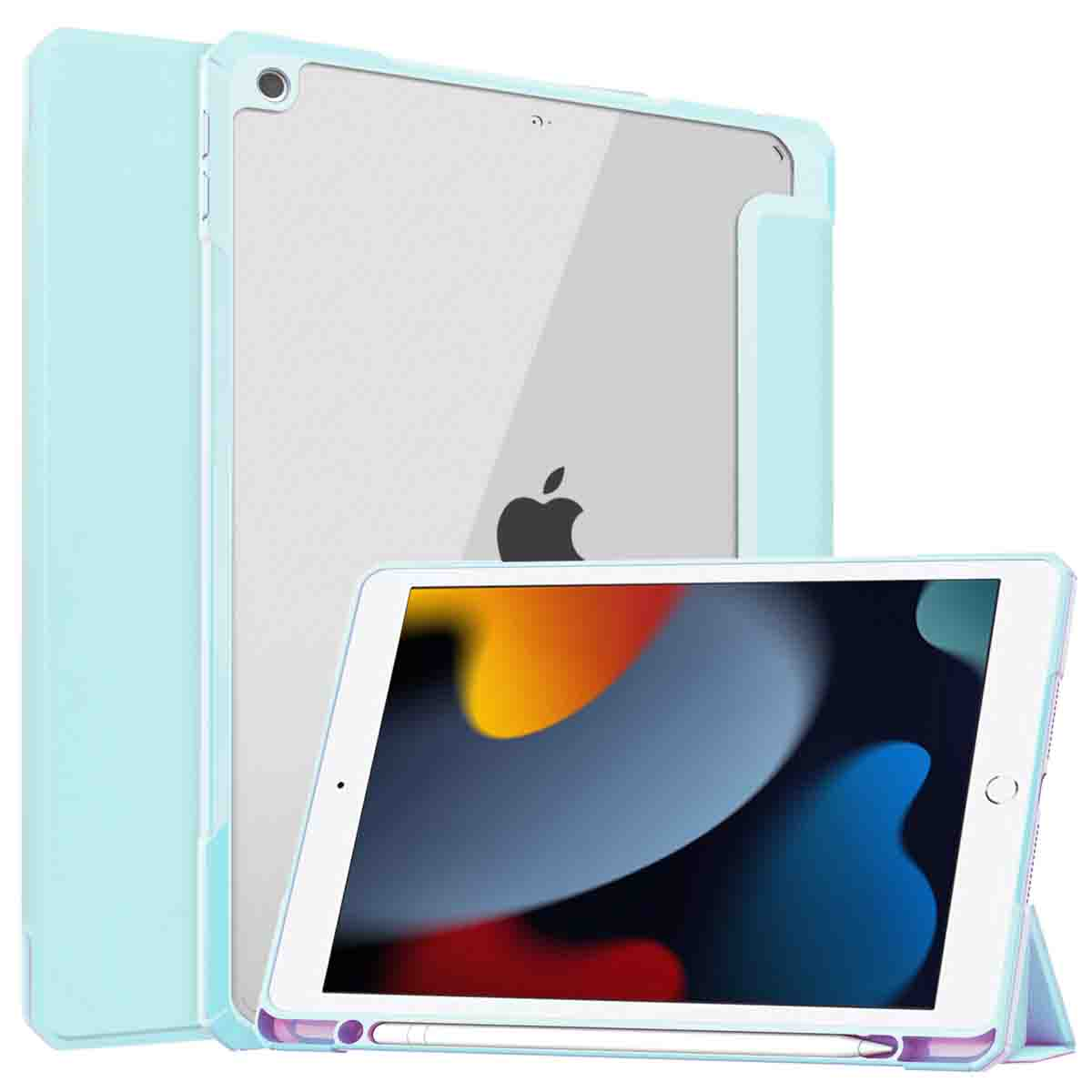 Two iPads in cases. One in aqua, the other in white. A stylus is next to the white iPad.