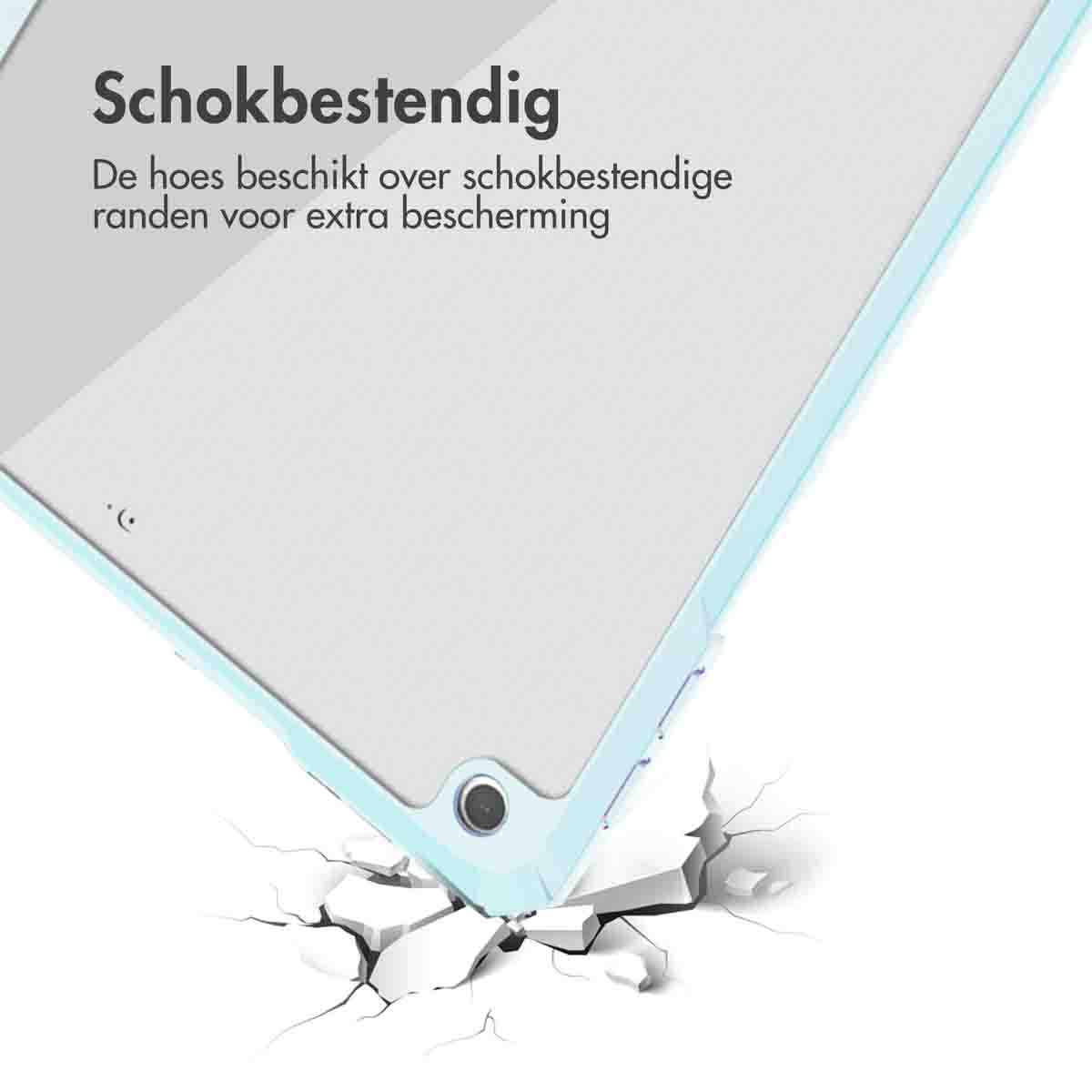 Close-up of the corner of an iPad case. The case is light blue, and the corner is cracked.