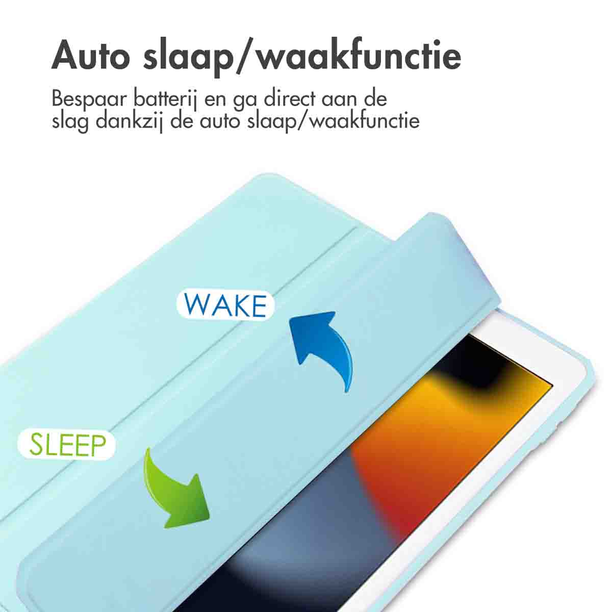 iPad with a blue case. The case is open, with arrows indicating sleep and wake functions.