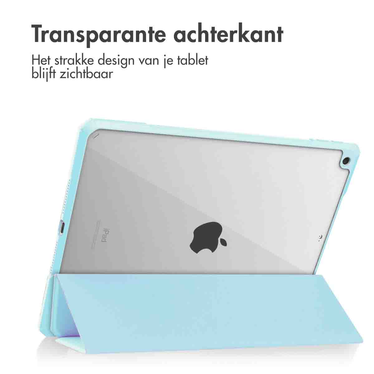 Blue iPad case with transparent back. The case is open, showing the iPad's Apple logo.