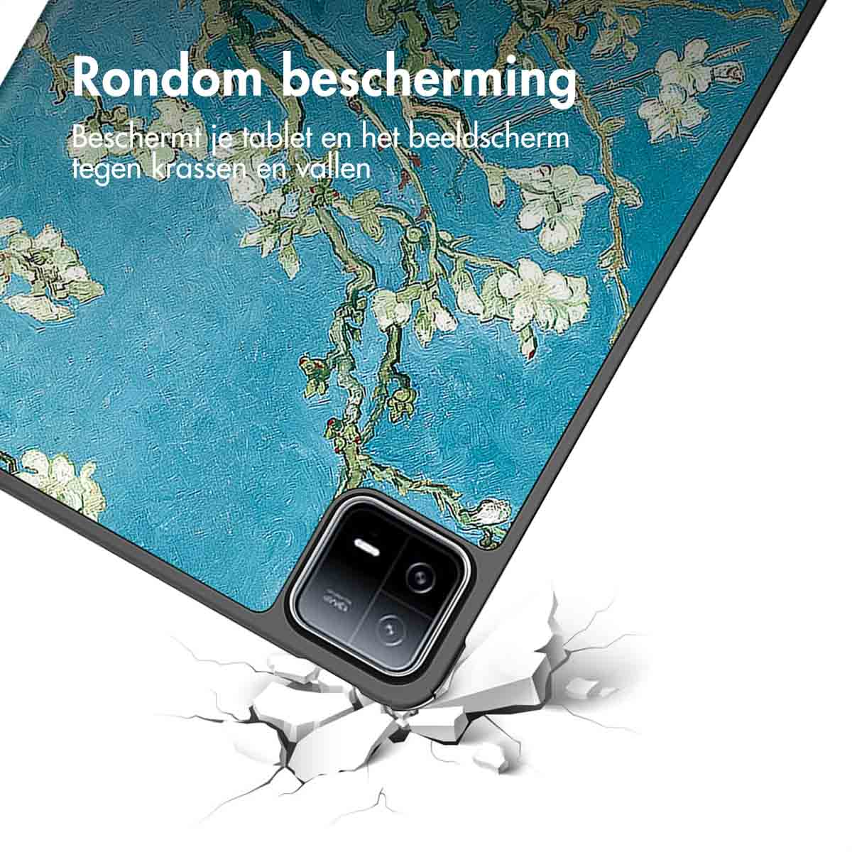 Tablet in a case with a floral design, breaking concrete. Text says 'Around protection'.