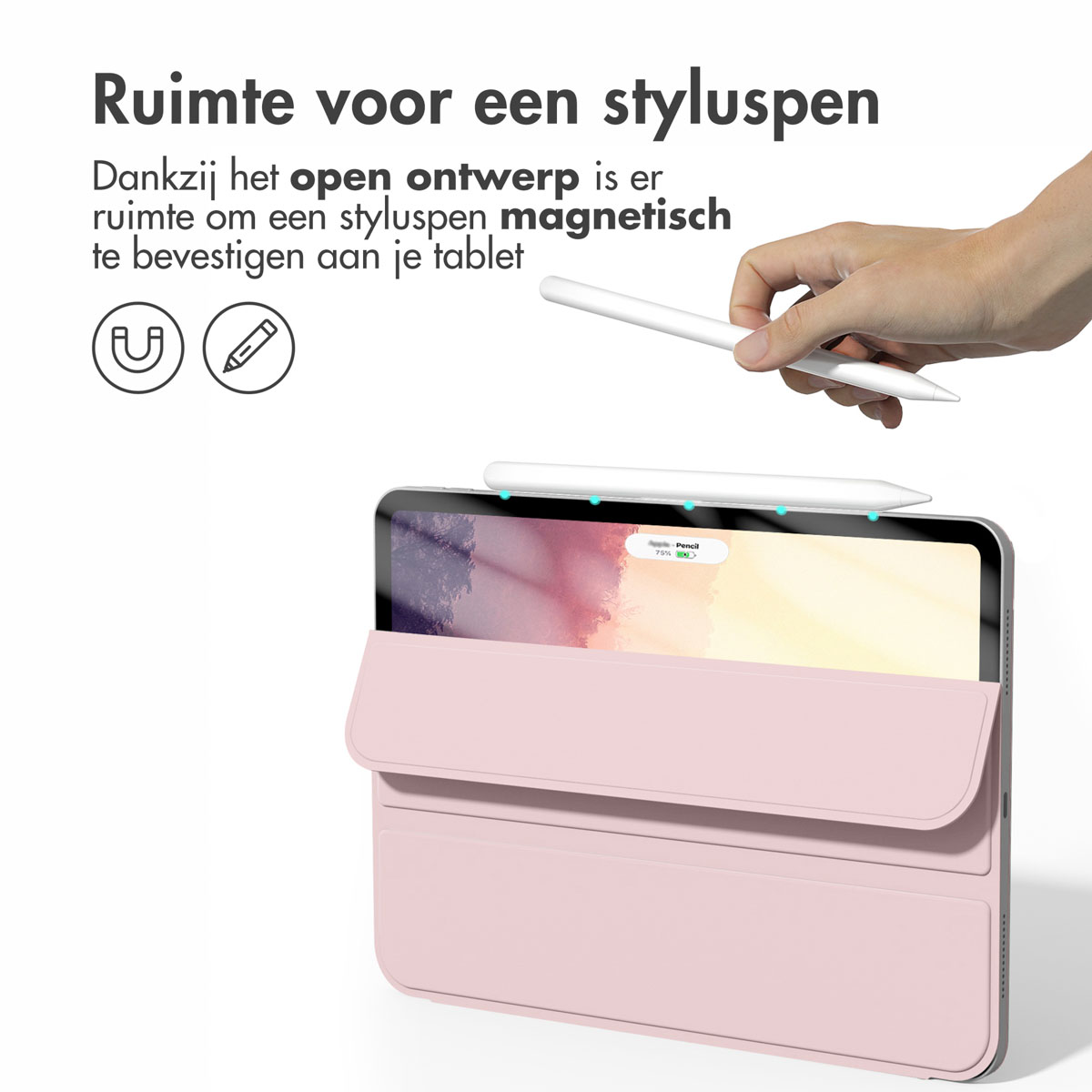 Pink iPad case with a hand holding a white stylus pen above it. The case has a stylus slot.