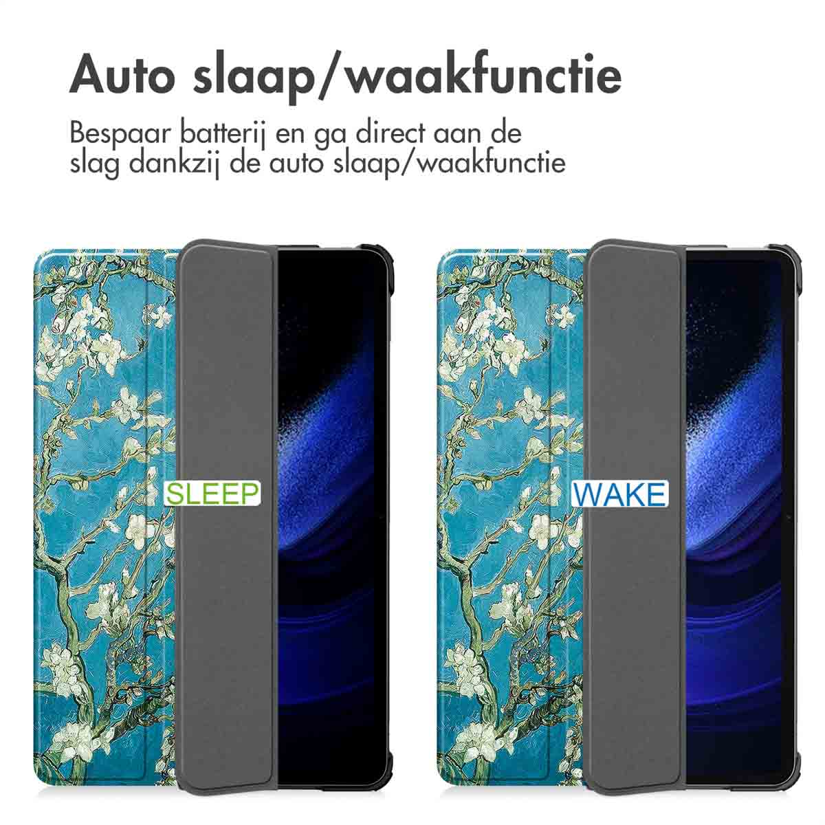 Tablet case with blue floral design. Text on the left indicates 'SLEEP', right 'WAKE', next to a tablet.