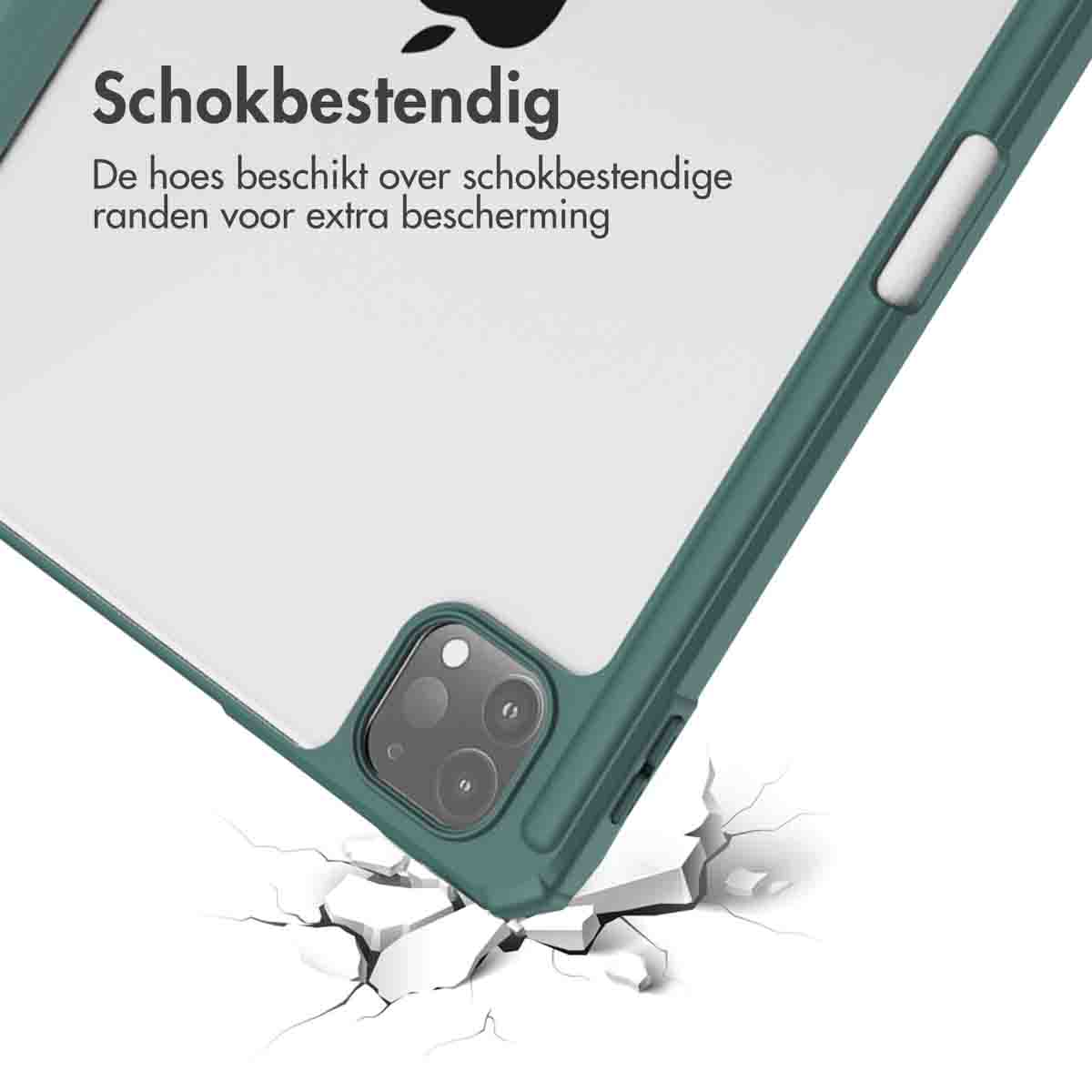 Close-up of an iPad case corner. The case is green, and the corner is impacting a surface.