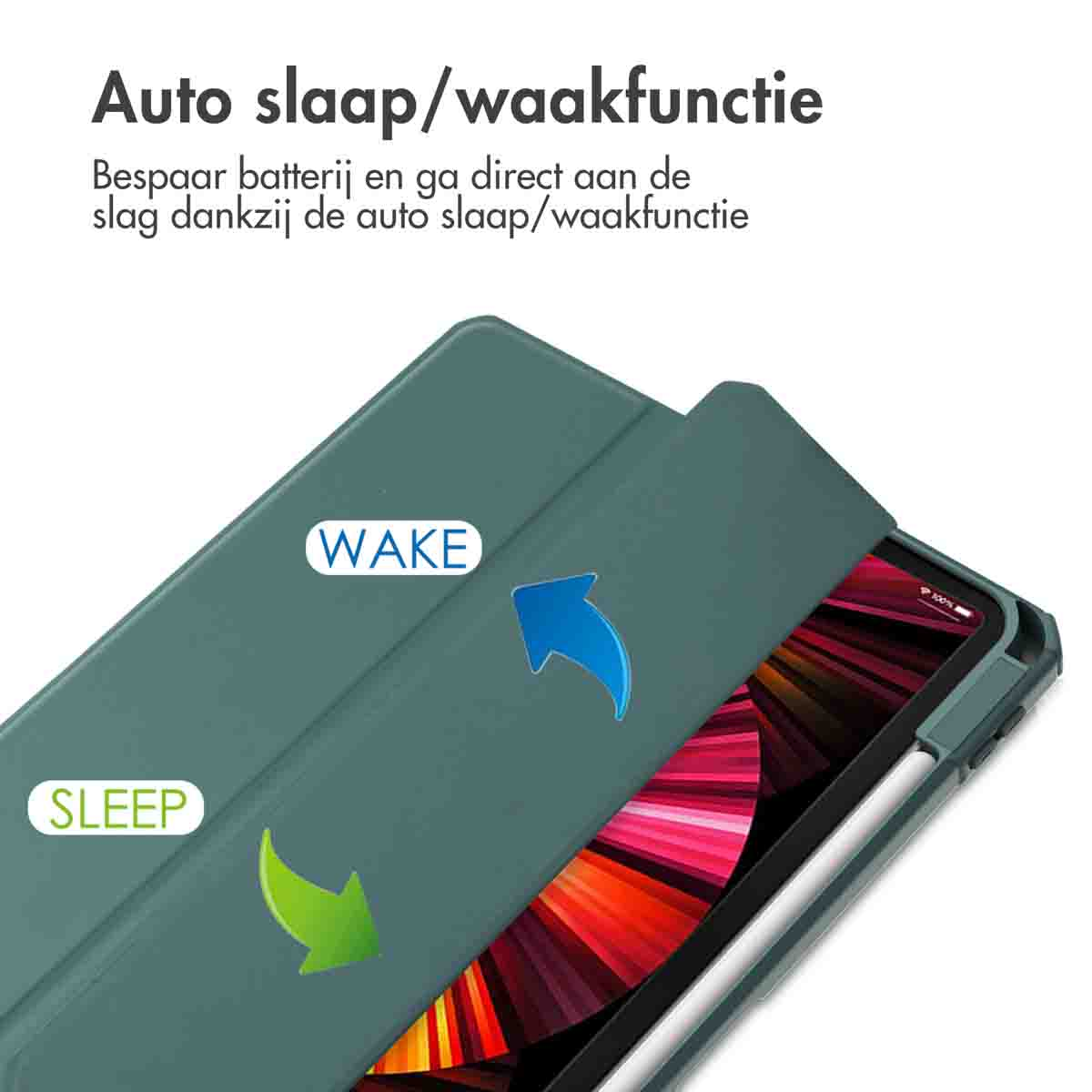 iPad in a green case. The case is open, with arrows indicating sleep and wake functions.
