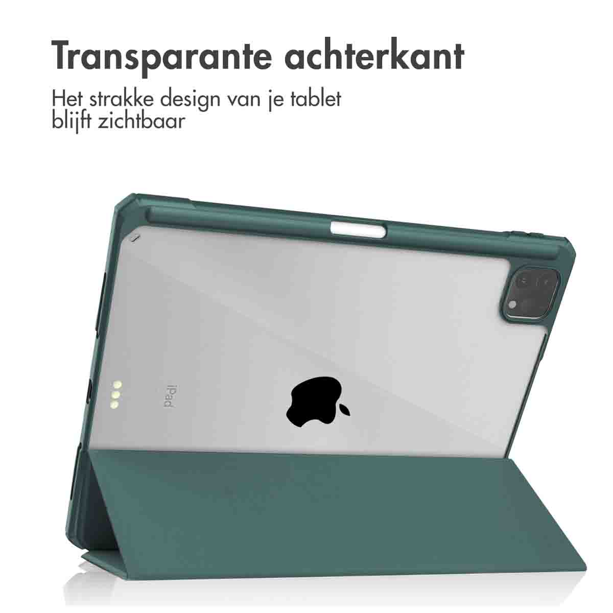 Green iPad case with transparent back, open. The iPad's Apple logo is visible.