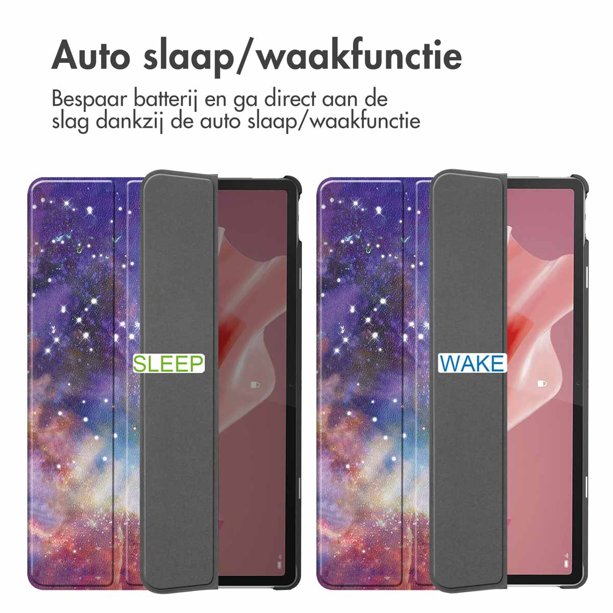 Tablethoes met slaap/wake-functie, met twee verschillende interface schermen.