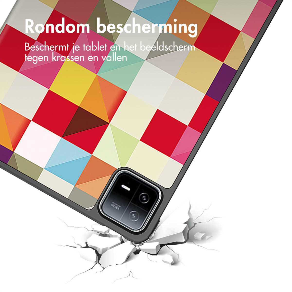 Tablet case with a colorful geometric pattern, showing impact cracks.
