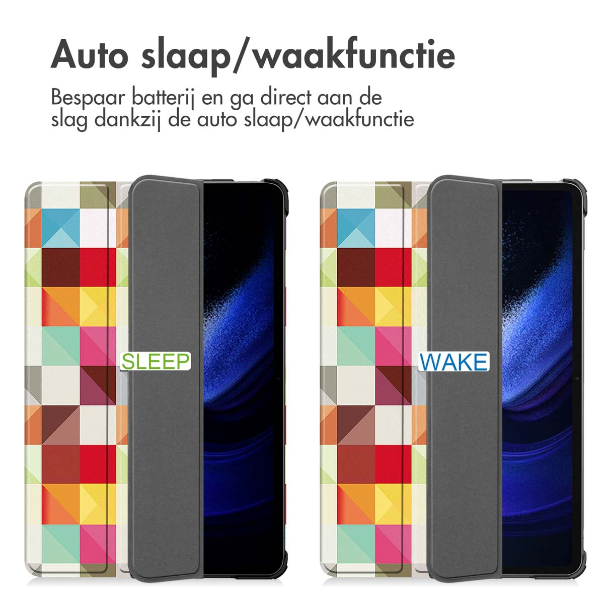 Tablet cases, one labeled 'SLEEP' and 'WAKE' with a colorful pattern.