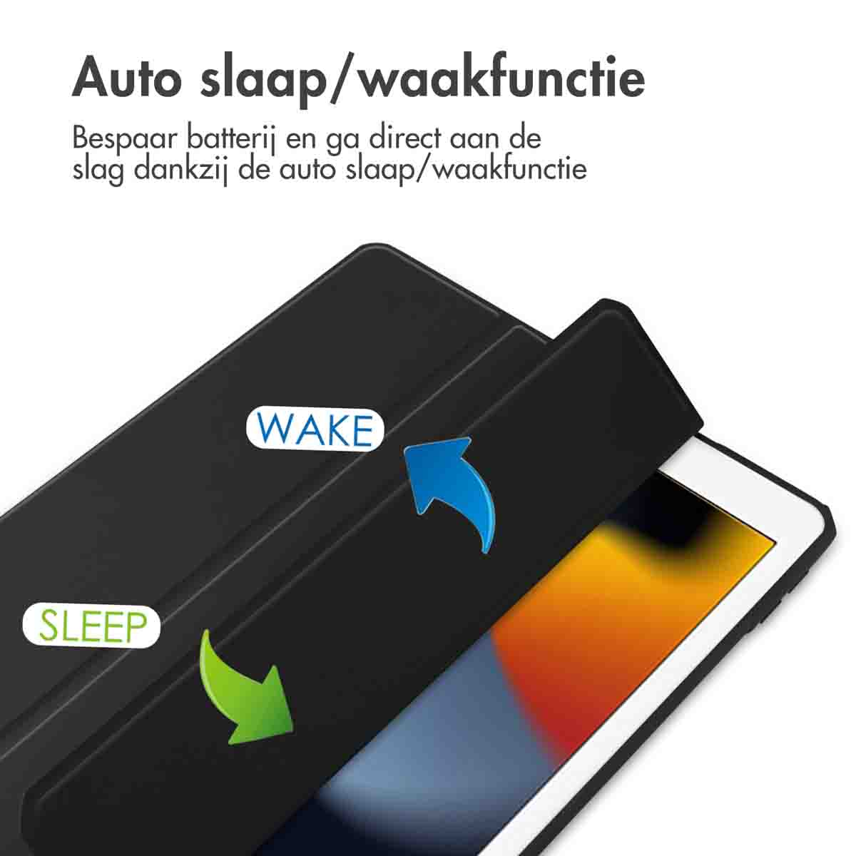 Black tablet case with open cover. Arrows indicate sleep/wake function. Text: Auto sleep/wake function.