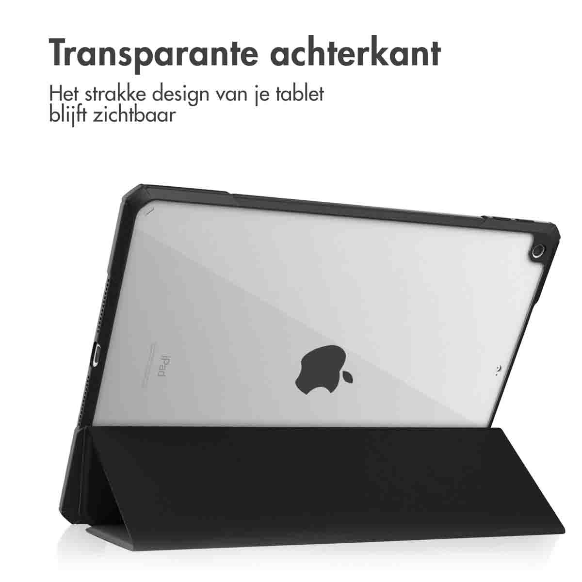 Tablet case with clear back, black frame. Shows an iPad with Apple logo. Text: Transparent back.