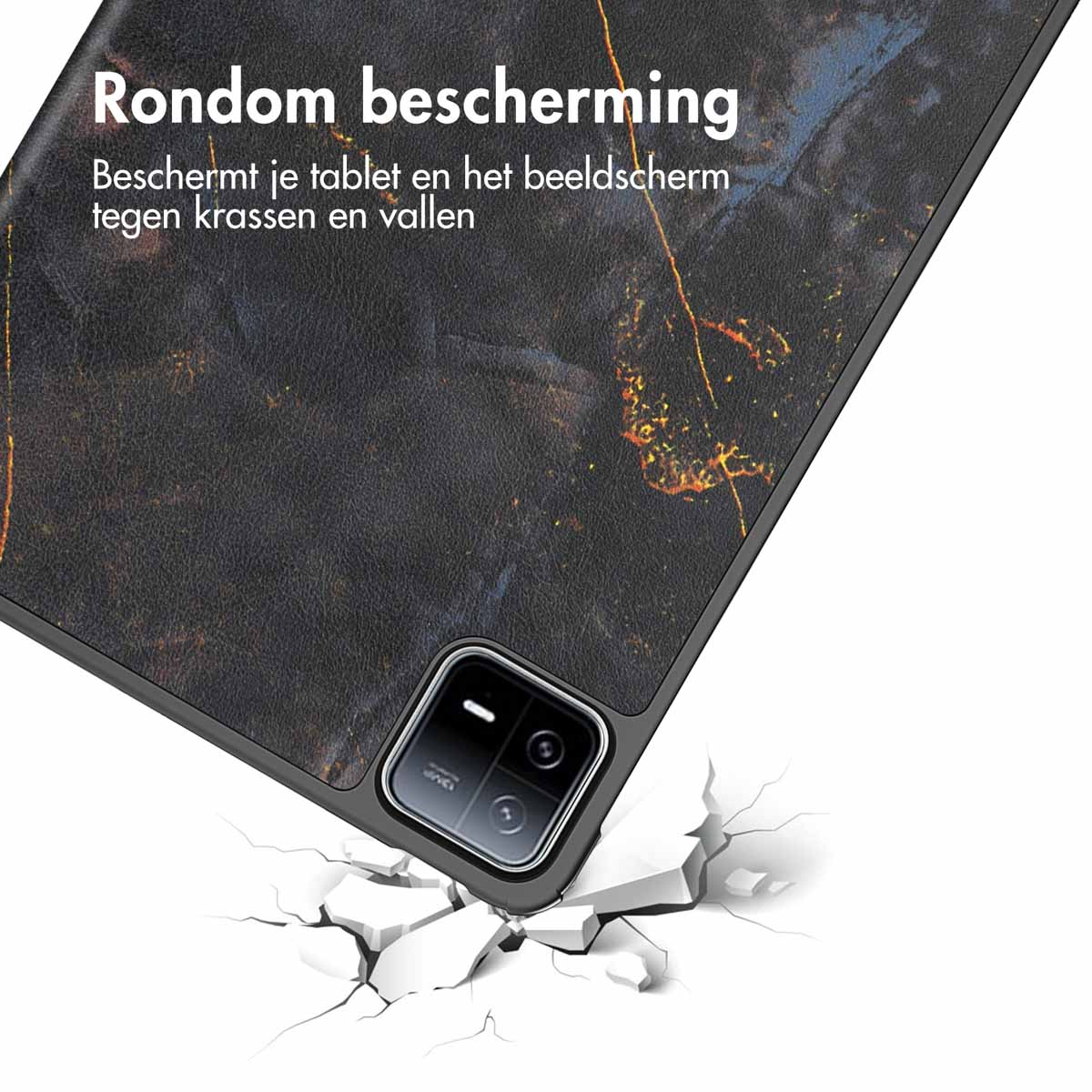 Tablet case close-up. Black with marble pattern, text: 