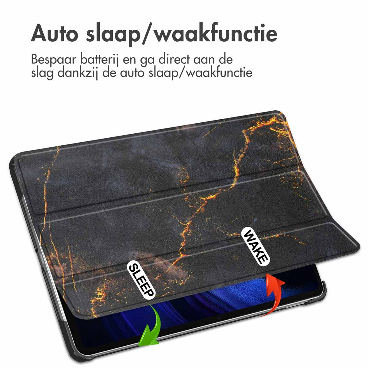 Tablet case with a marble design with 'sleep' and 'wake' labels and arrows.