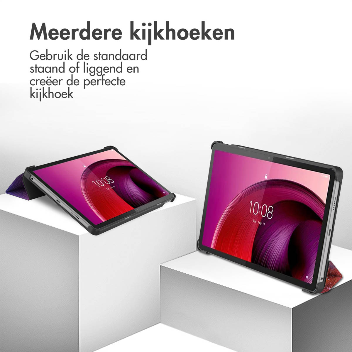 Tablets in cases, one open, one closed, on white blocks. Text: multiple viewing angles, stand or lie.