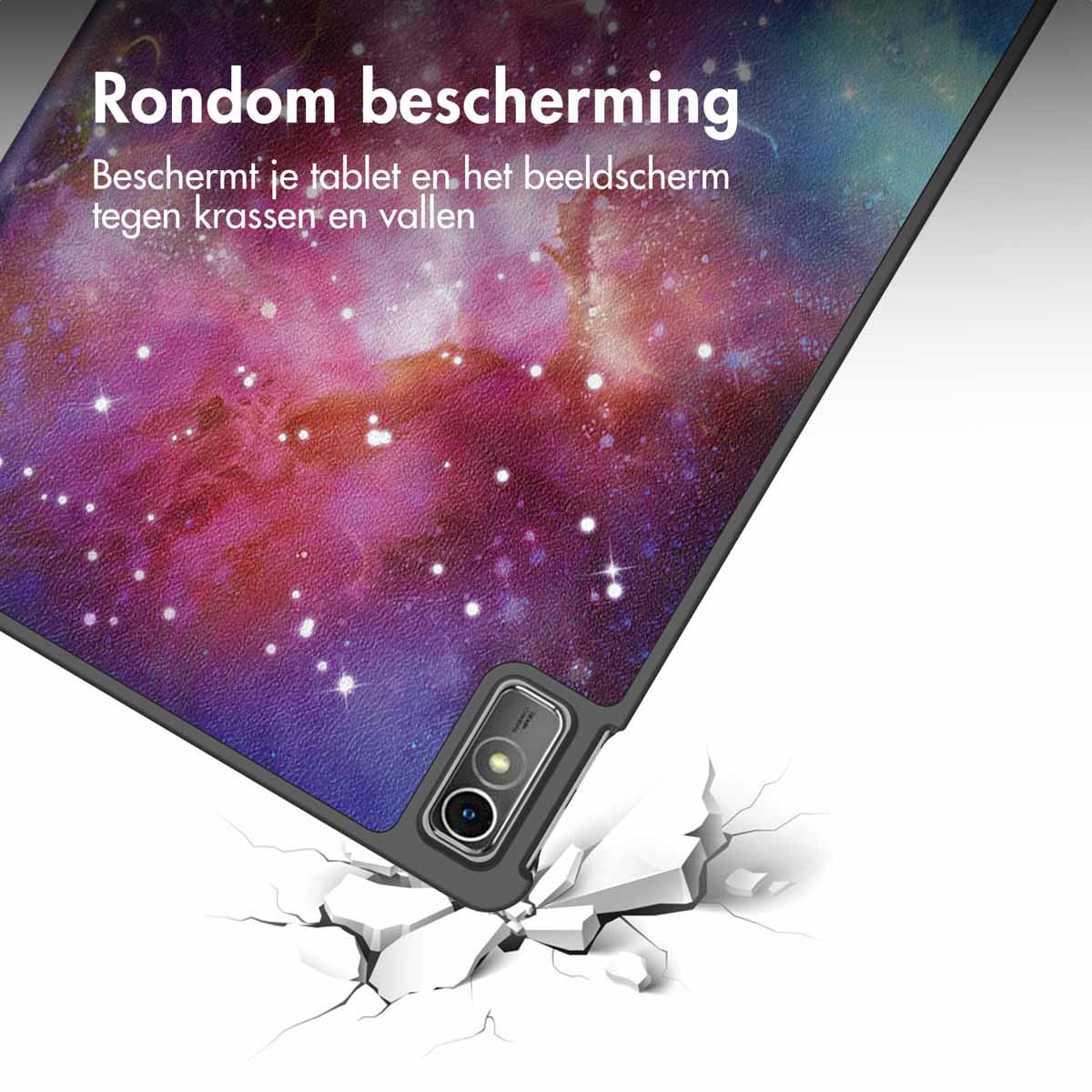 Tablet in a case with a galaxy design, breaking concrete. The camera lens is visible.