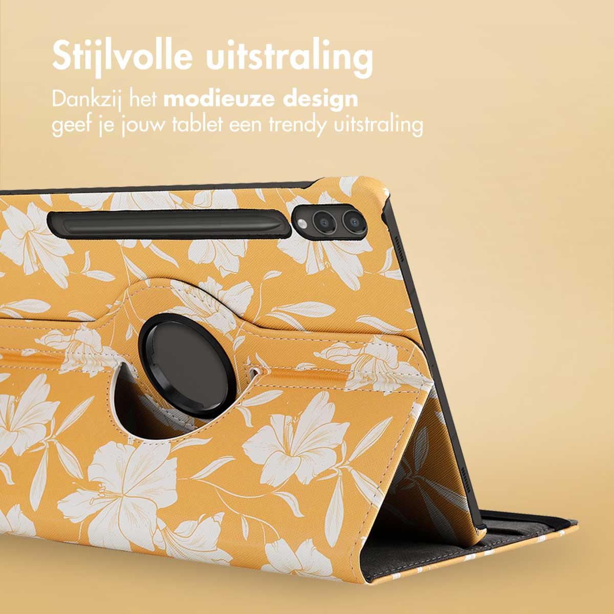 Yellow tablet case with white floral design. Rotating stand. Text: Stylish appearance.