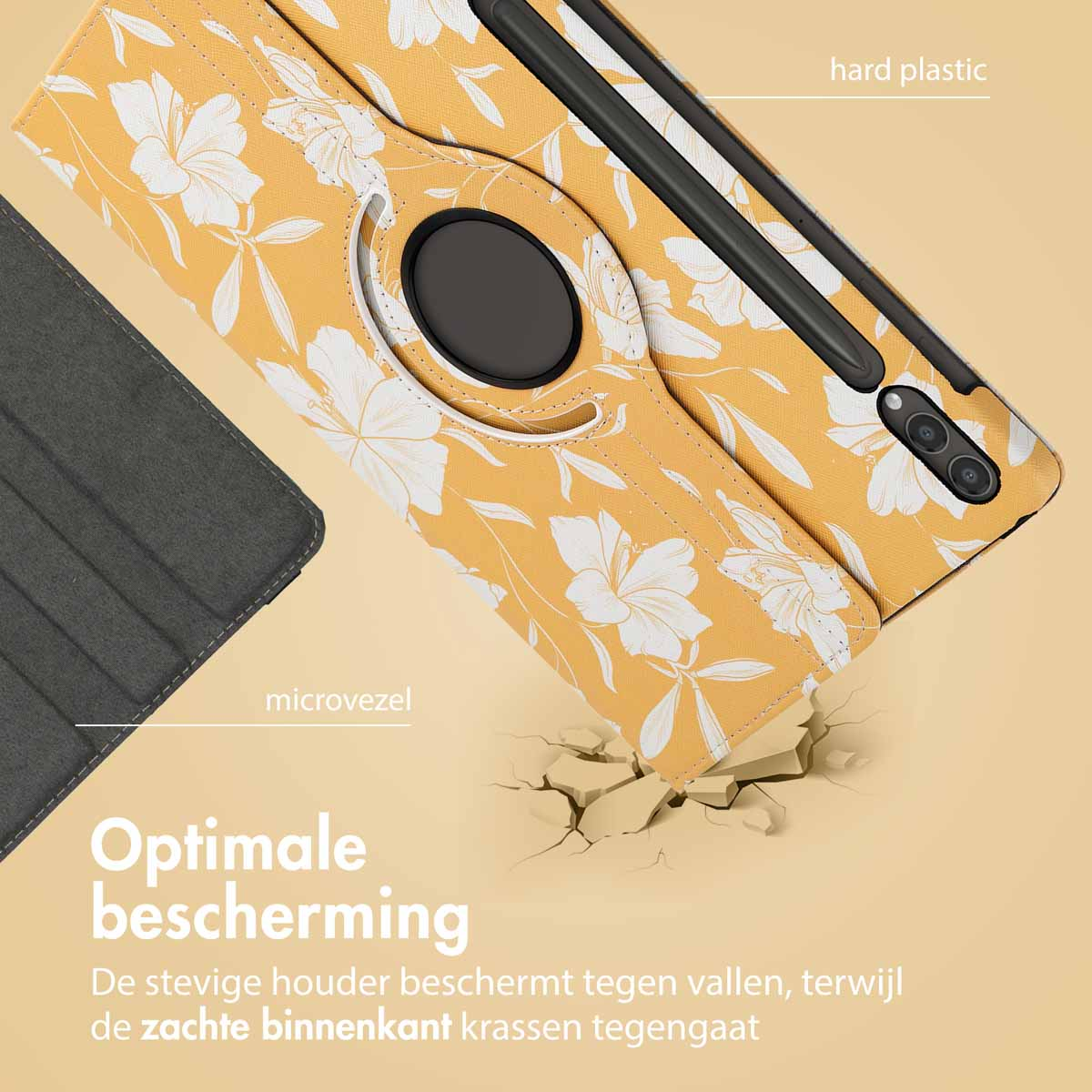 Yellow floral tablet case with cracked ground, showing hard plastic and microfibre. Text: Optimal protection.