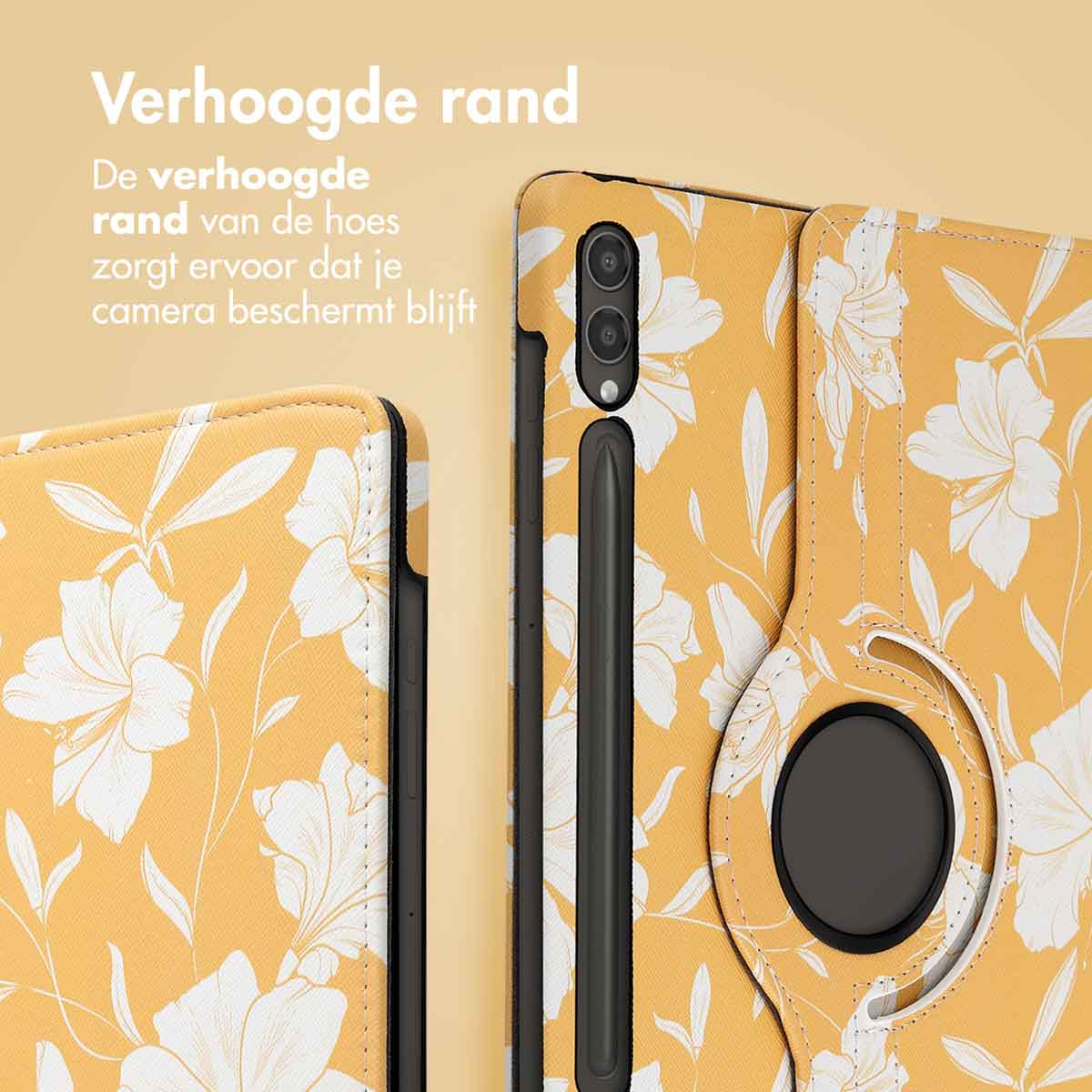 Yellow floral tablet case, showing edge and camera protection. Text: Raised edge.