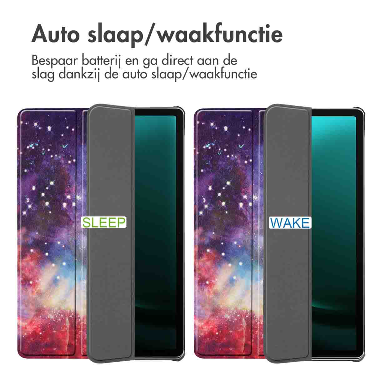 Twee tablets met hoesjes die 'Slaap' en 'Wake' tonen. De hoesjes hebben een galaxy ontwerp.