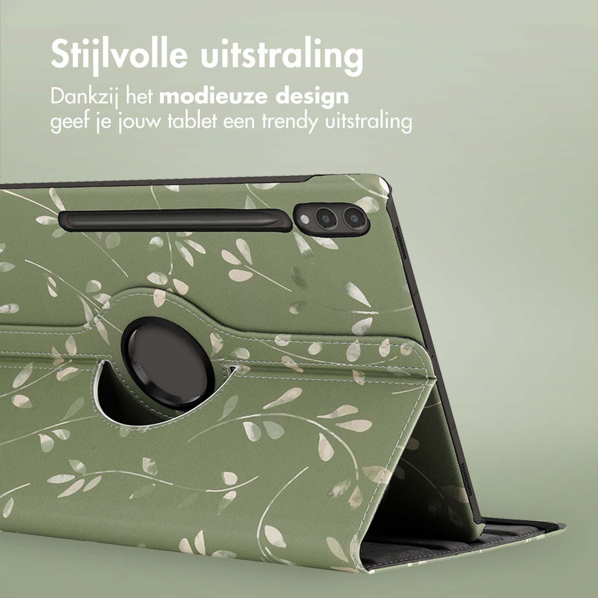 Groene tablethoes met bladerdesign. Draaiende standaard. Tekst: Stijlvolle uitstraling.