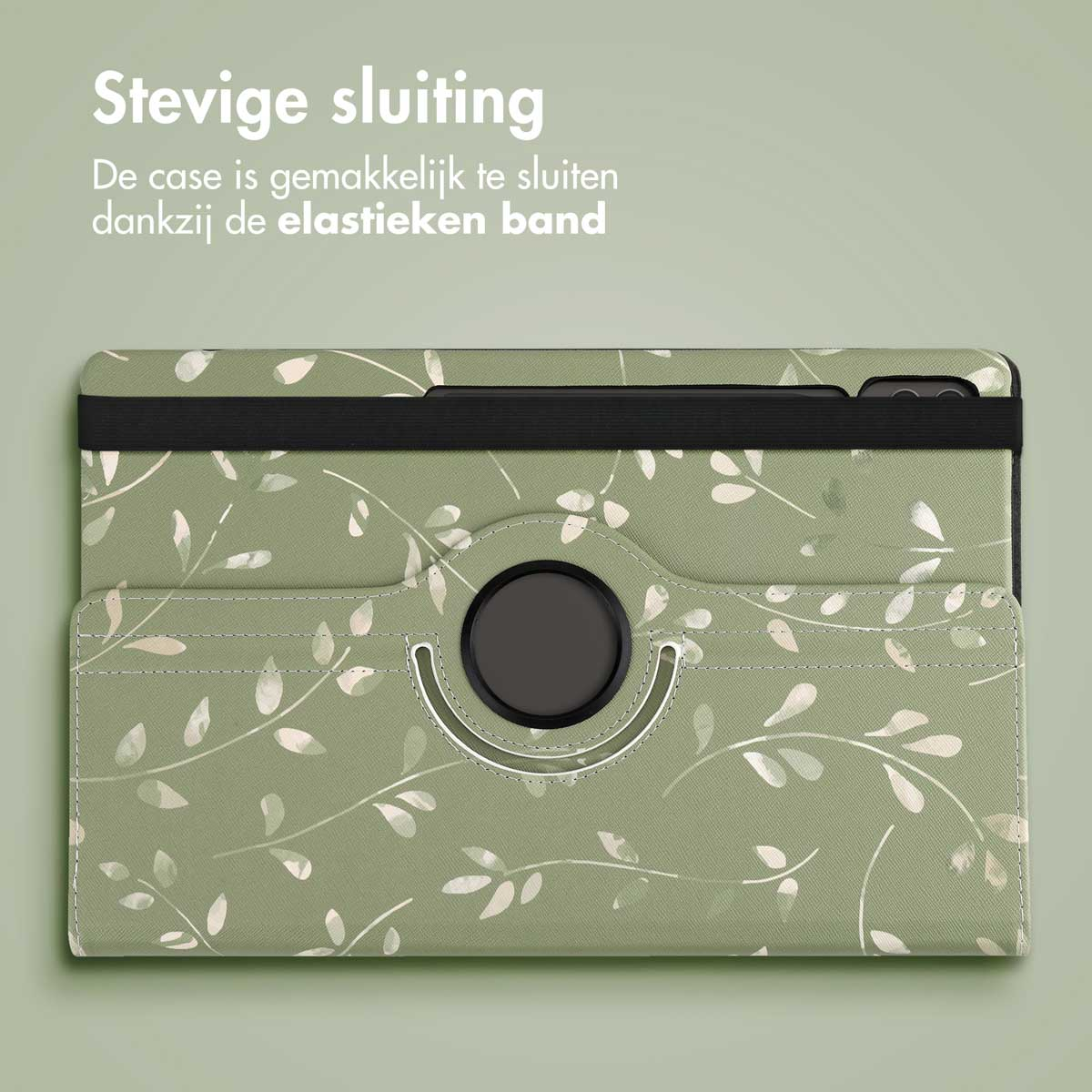 Tabletcase met een bloemenontwerp, met een zwarte band en een roterende houder.
