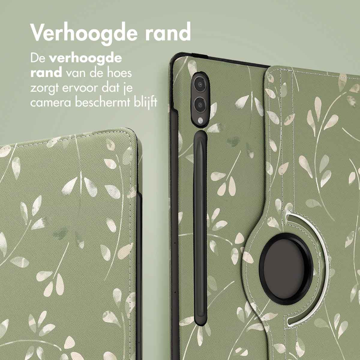 Groene tablethoes met bladerdesign, toont rand- en camerabescherming. Tekst: Verhoogde rand.