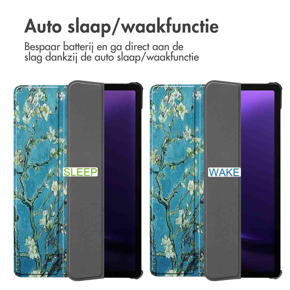 Tablethoes met open en gesloten covers, met bloemen, 'SLEEP' en 'WAKE'.
