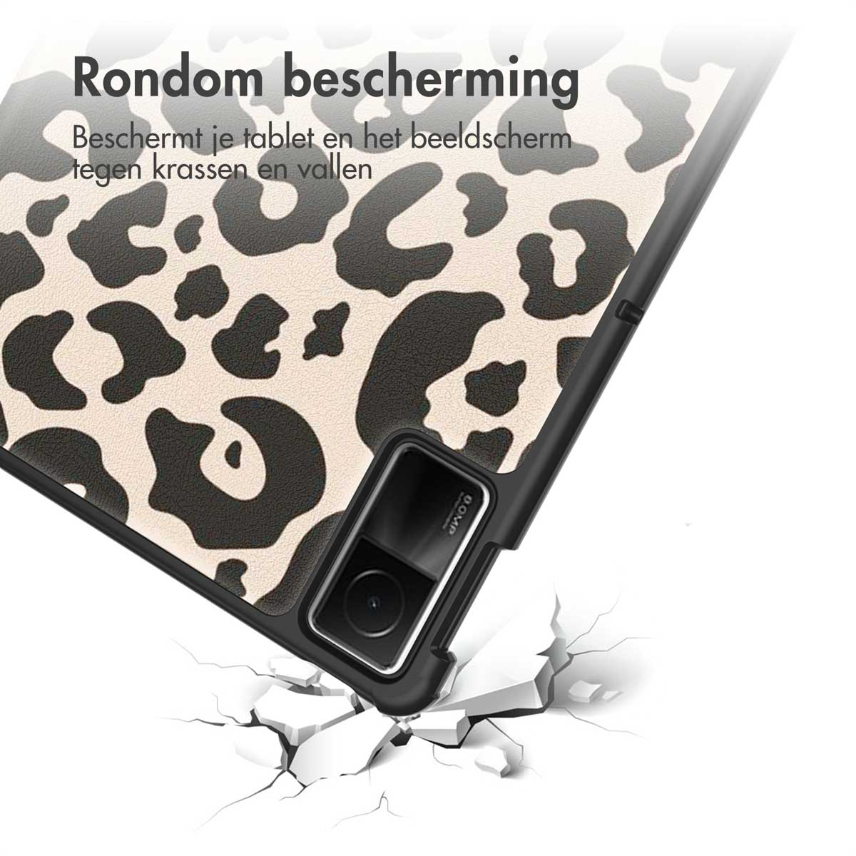 Tablet case with a leopard print design, with a crack effect on the ground.