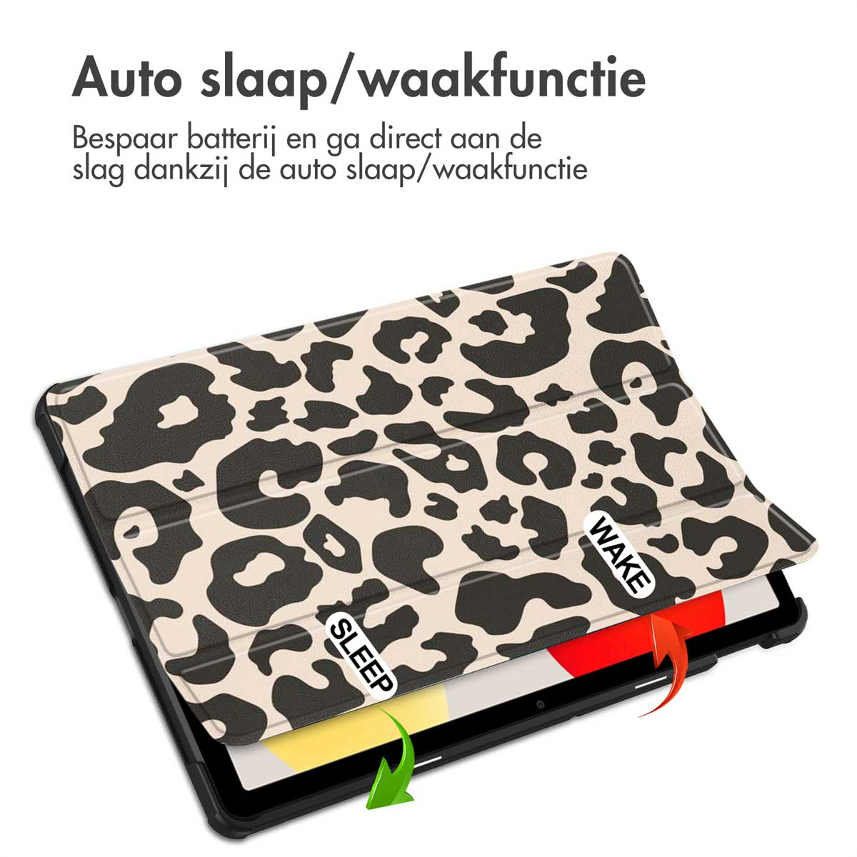 Tablet case with leopard print design. Shows 'SLEEP' and 'WAKE' labels, with open cover.