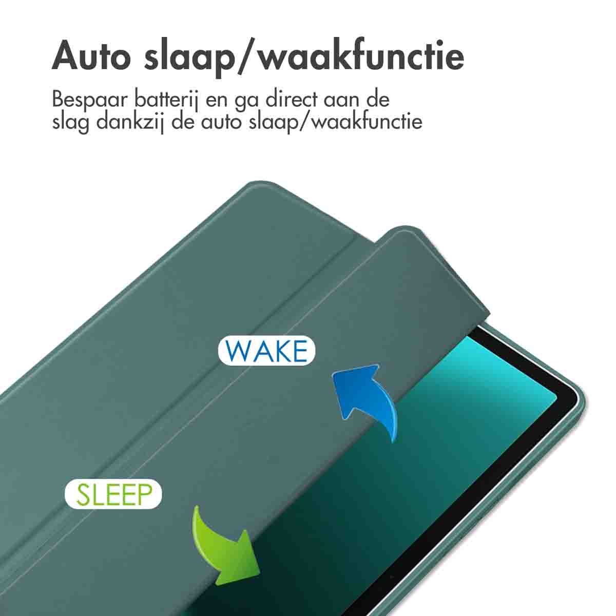 Groene tablethoes met open cover. Pijlen geven de slaap/wake-functie aan. Tekst: Auto slaap/wake-functie.