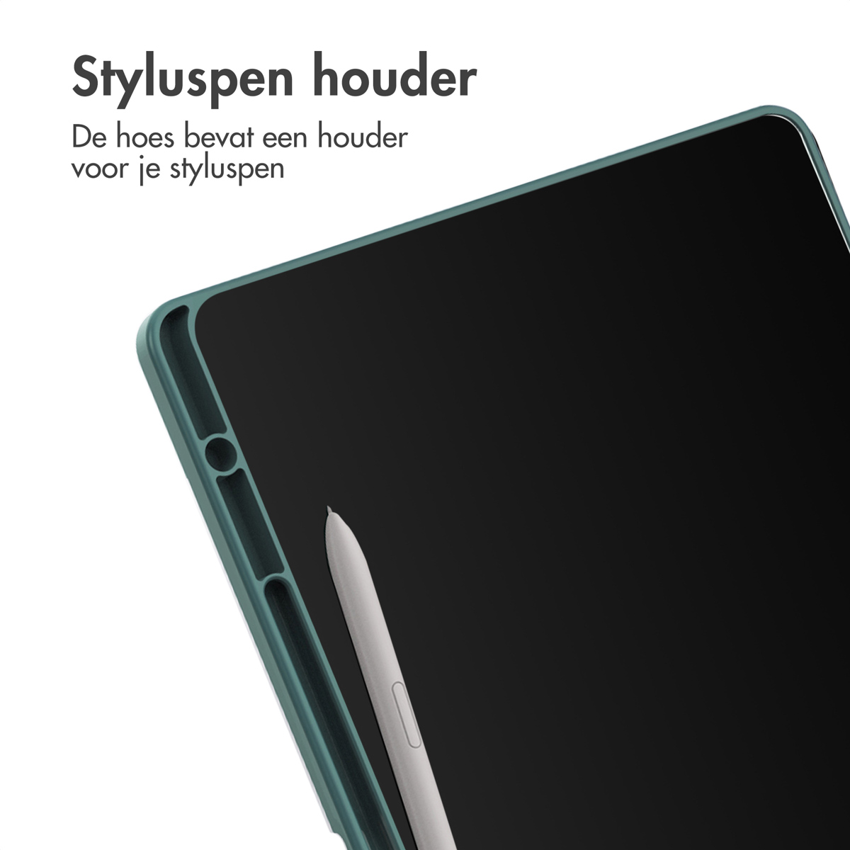 Groene tablethoes, toont stylus houder en stylus. Tekst: Styluspen houder.