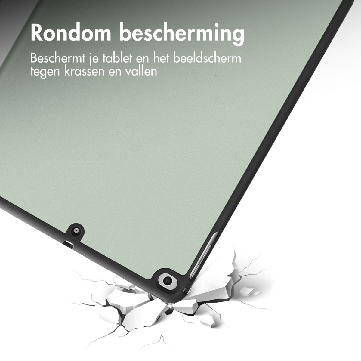 Tablet case with clear front and corner. Shows impact on the ground. Text: All-around protection.