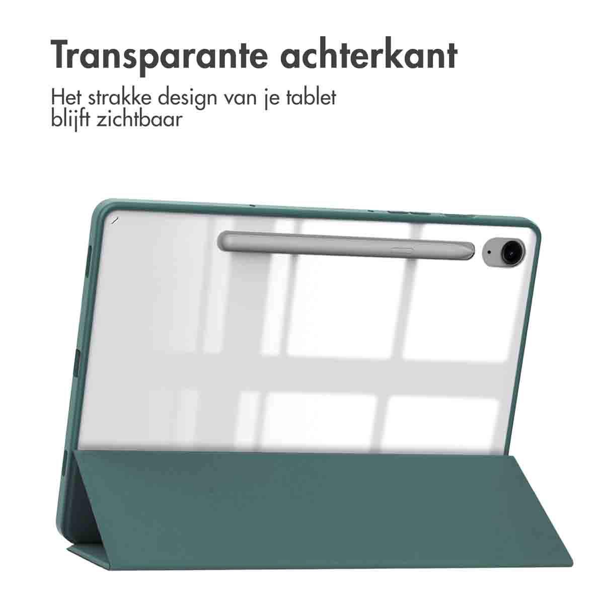 Tablet met groene hoes. De achterkant van de tablet is zichtbaar. Een pen wordt bovenaan het scherm gehouden.