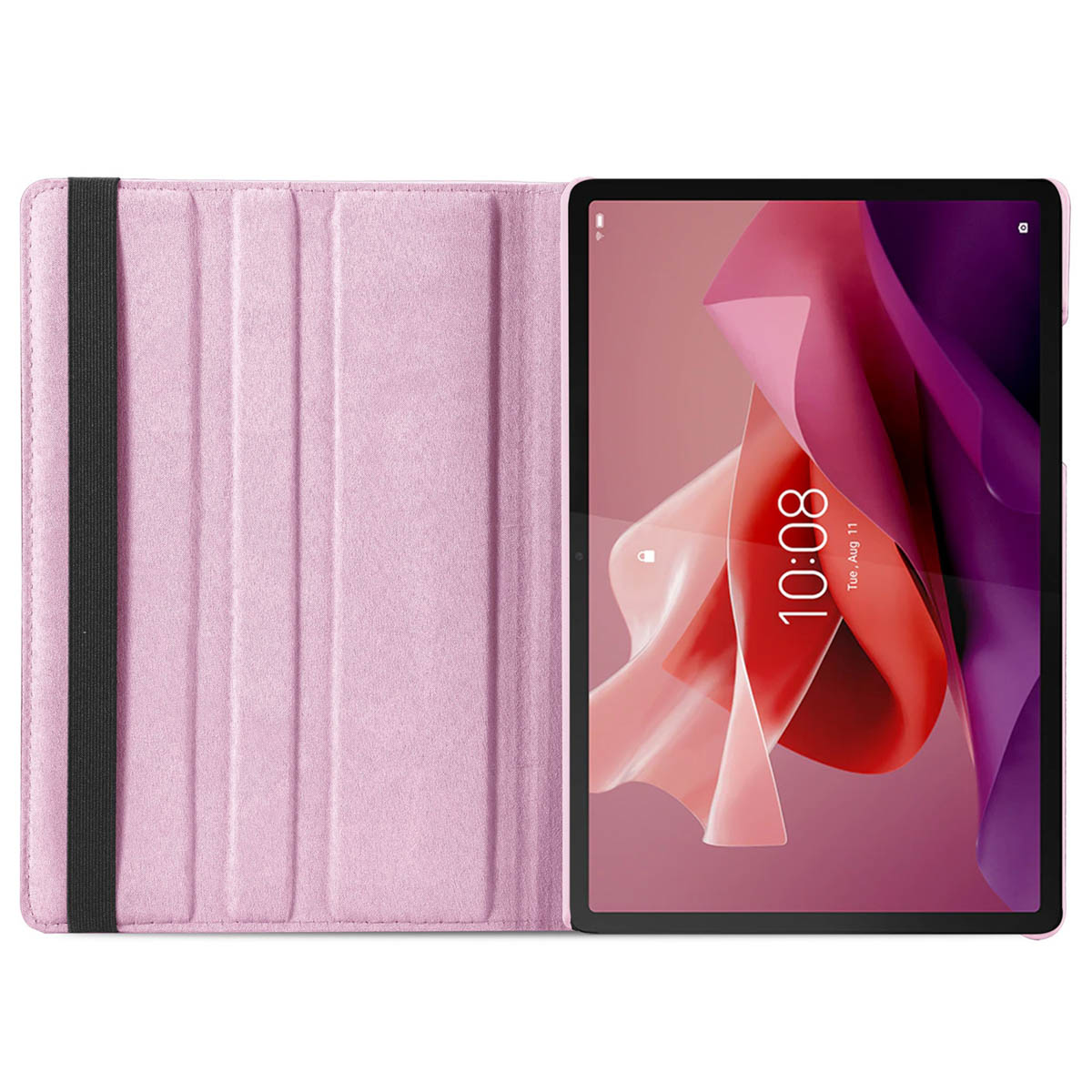Roze tablet in een roze hoes, open. Een roze scherm toont de tijd en datum.