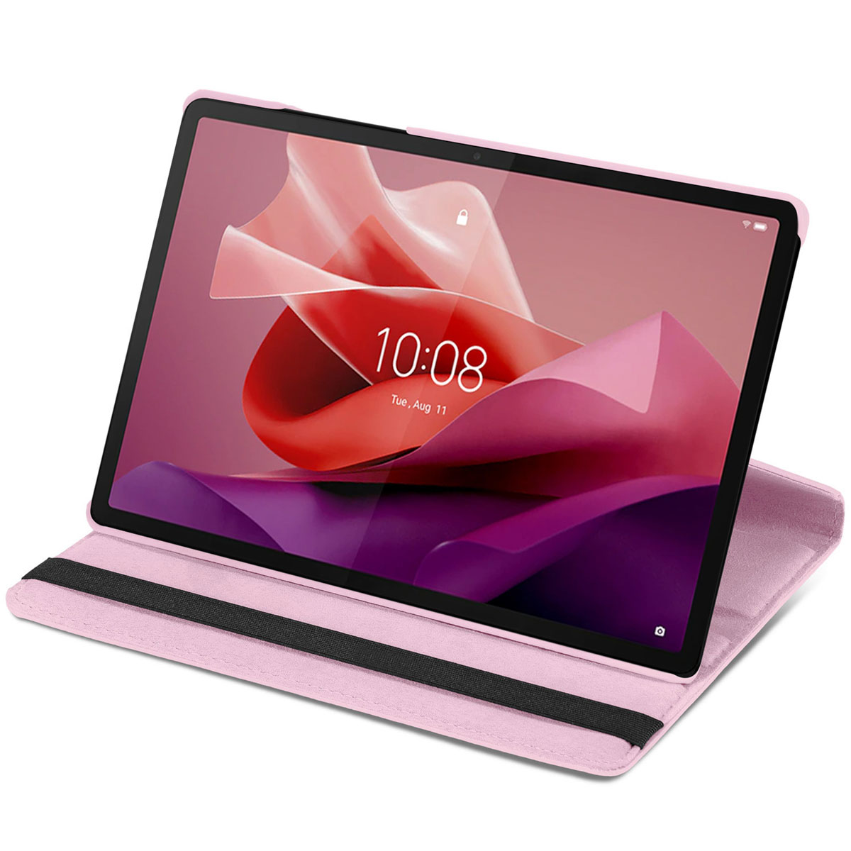 Een roze tablet is open en toont een scherm met een roze en paars abstract ontwerp.