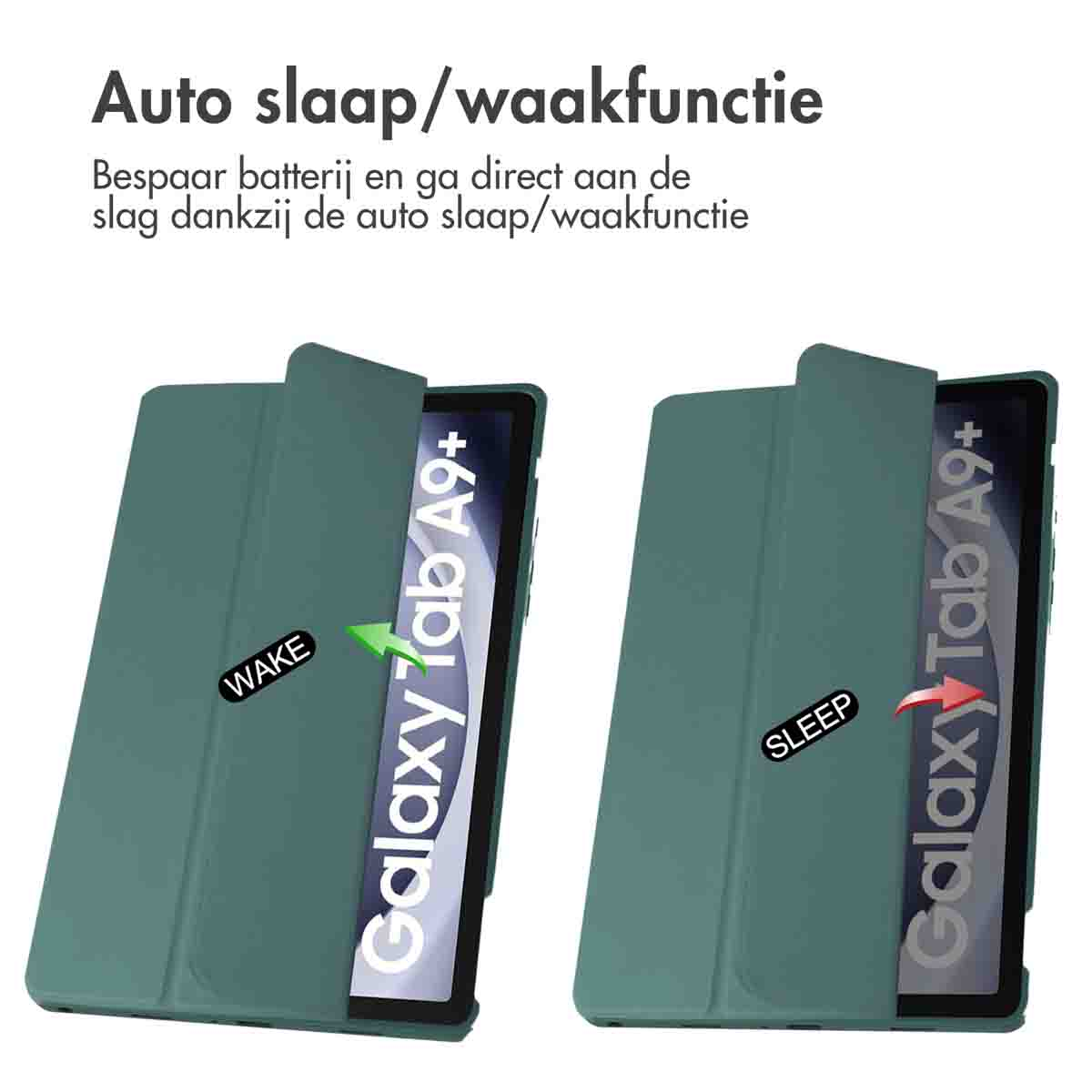 Two tablet cases, one open showing 'wake', the other closed with 'sleep', both green with the Galaxy Tab A9+.