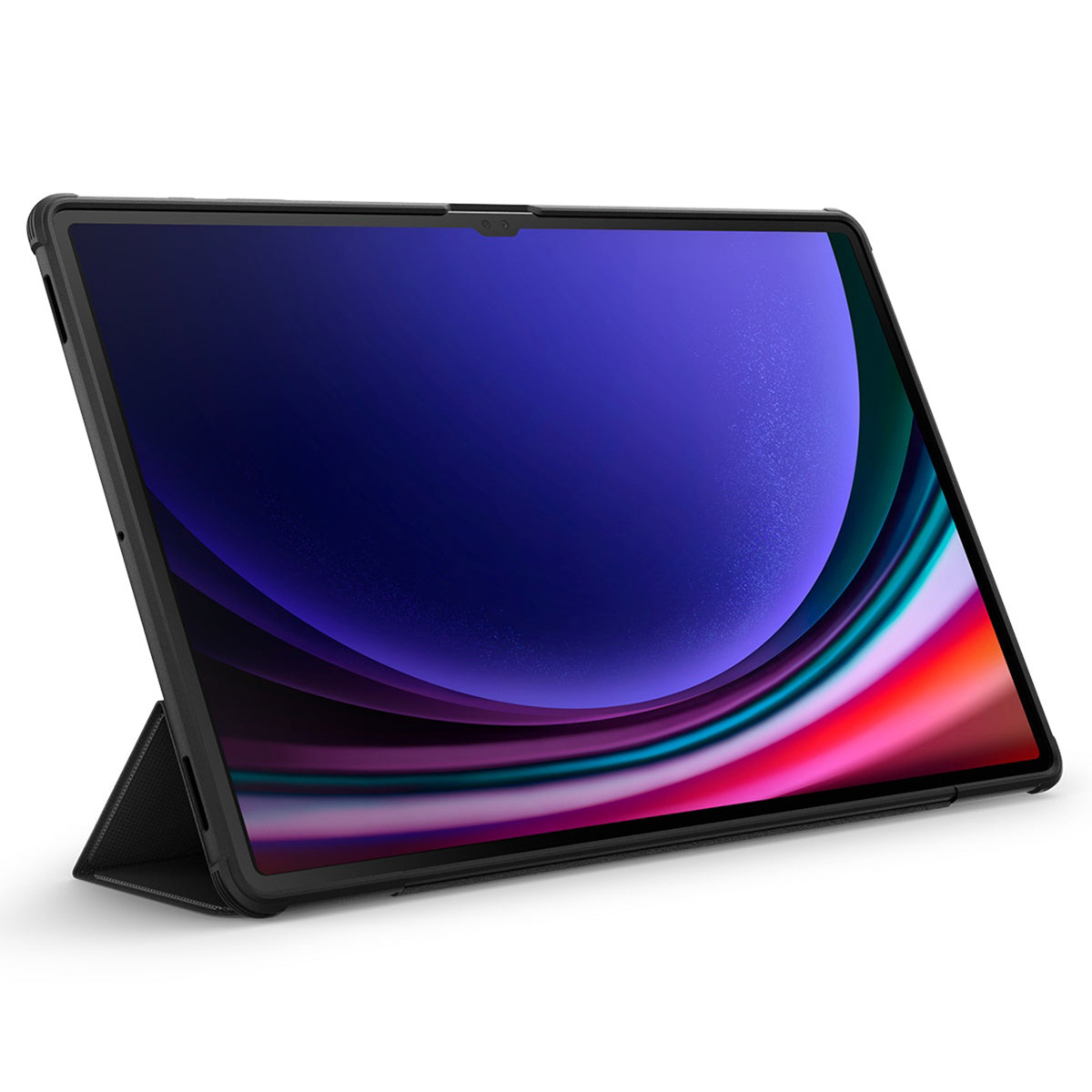 Tablet with a colorful screen, black case, and stand on white.