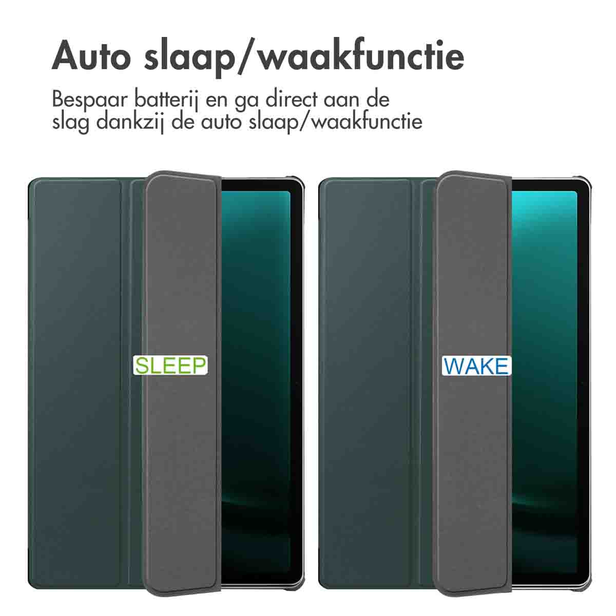 Tablethoes met automatische slaap/waakfunctie, toont gesloten en open toestanden.