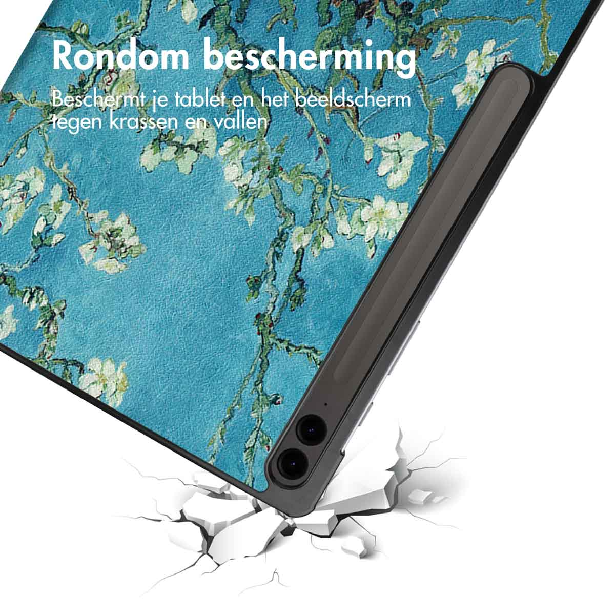 Tablethoes met een Van Gogh kunstwerk. De hoes ligt op een oppervlak met scheuren.