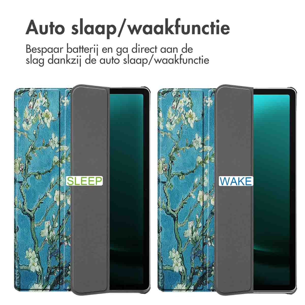Tablethoezen, één met 'SLEEP' en 'WAKE' met een bloemenpatroon.