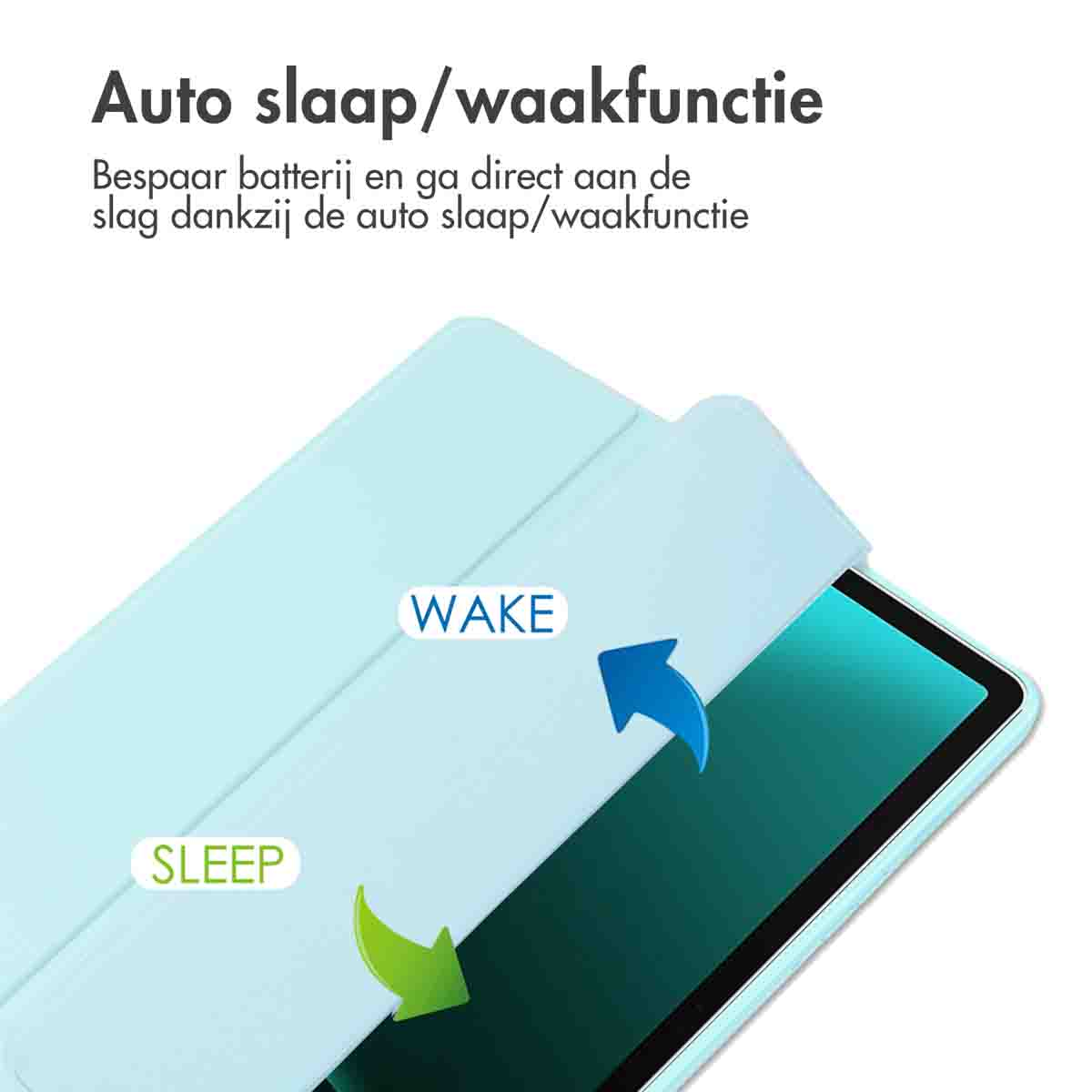Een tablethoes, open met 'wake' en een blauwe pijl, en gesloten met 'sleep' en een groene pijl.