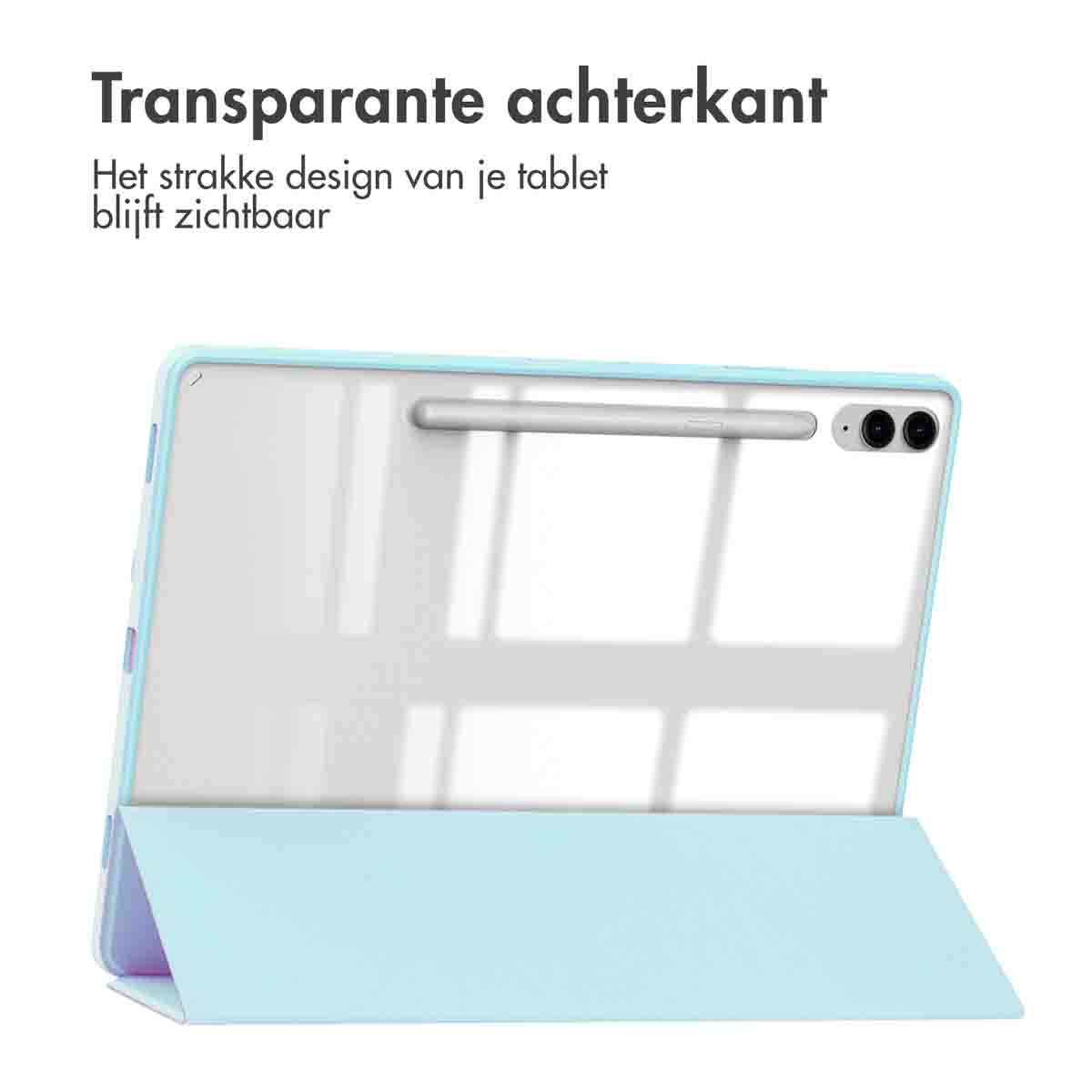 Een tablet met een transparante achterkant. De hoes is lichtblauw en opgevouwen, met een zwart frame.