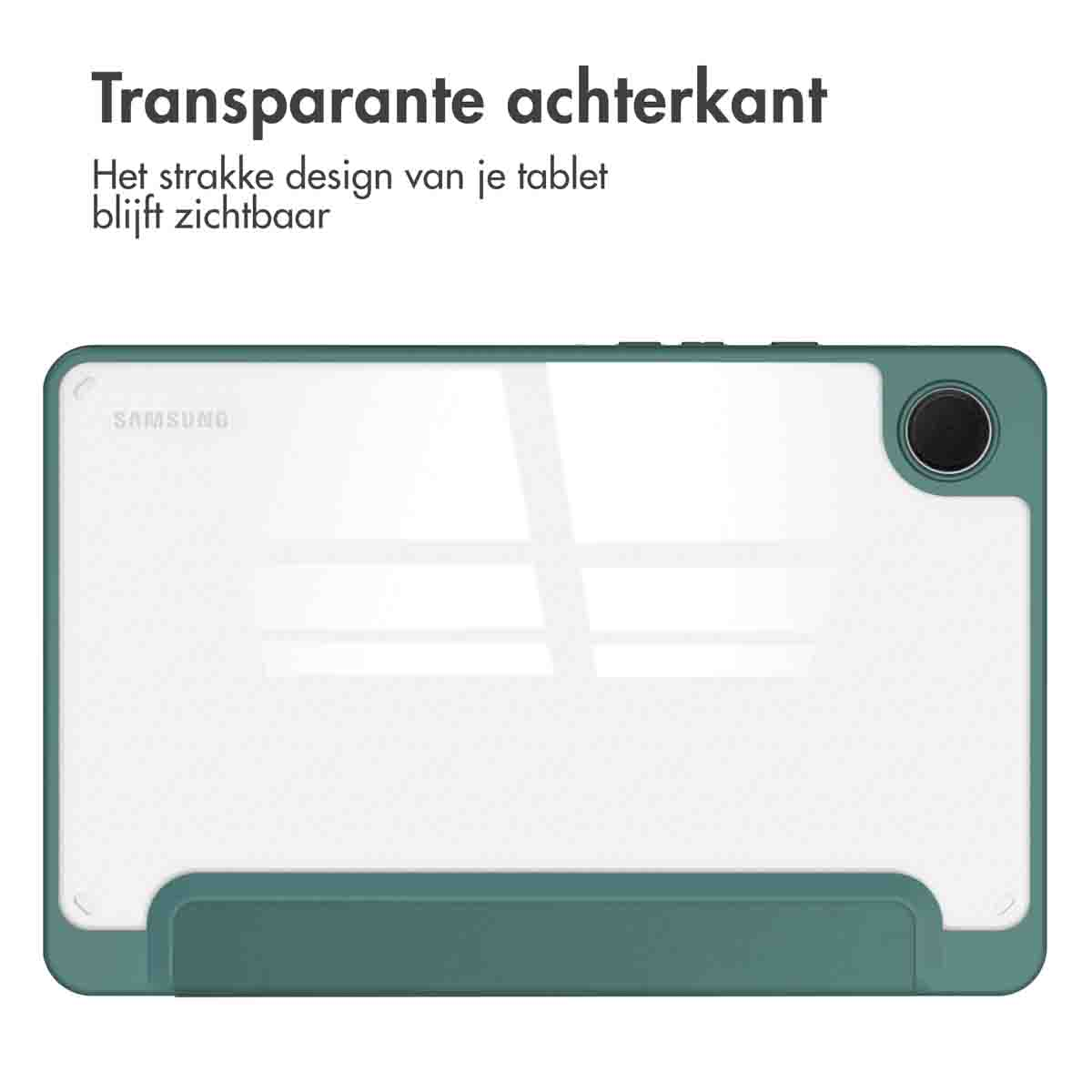 A transparent tablet case on a white background. The case has a black frame and is folded.