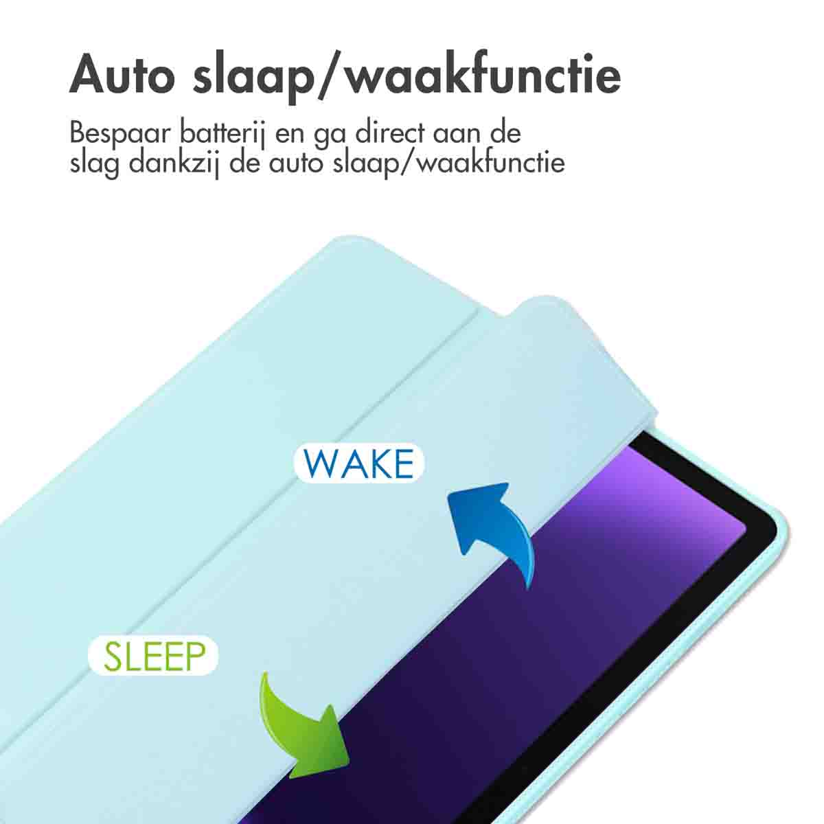 A tablet case, open showing 'wake' and a blue arrow, and closed with 'sleep' and a green arrow.