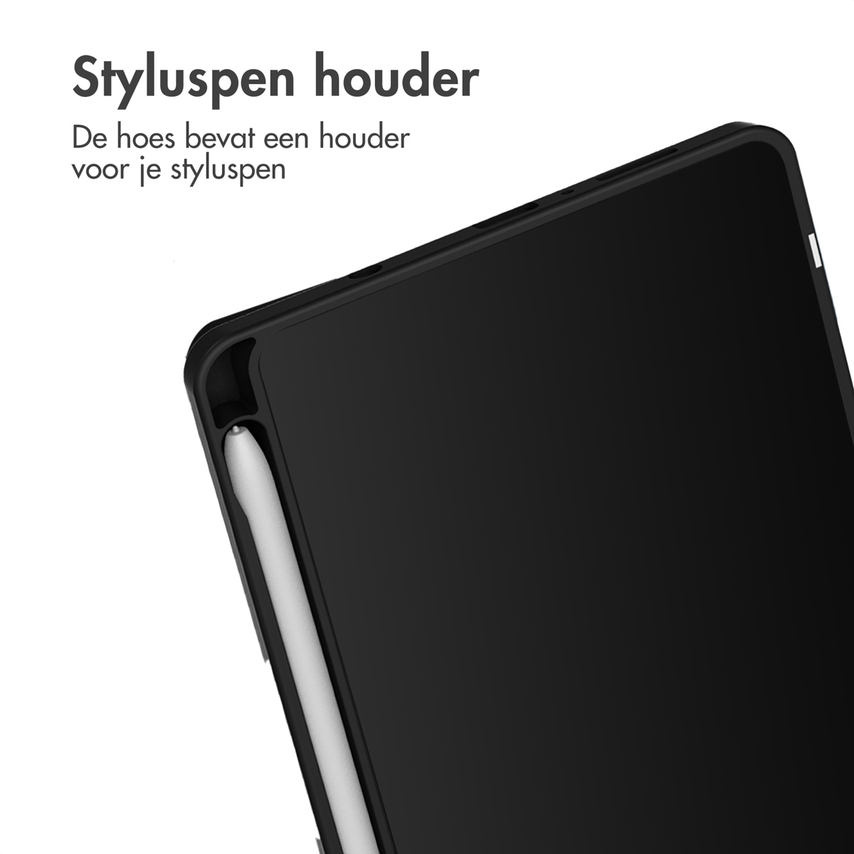 A black tablet case with a stylus holder. A white stylus is partially inserted in the holder.