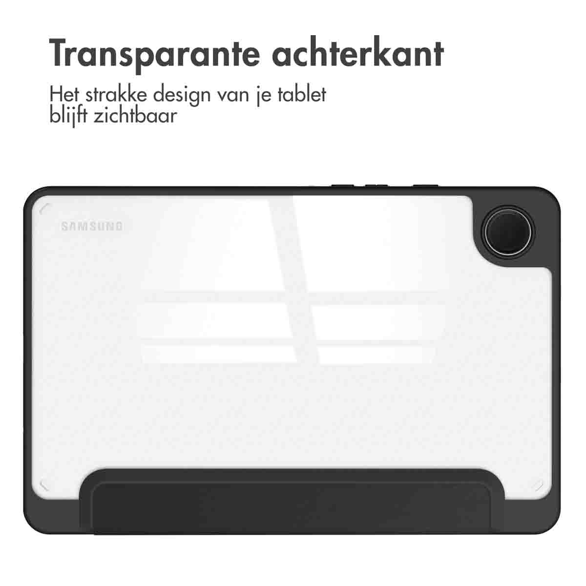 A transparent tablet case with a black frame. Text reads 'Transparent back'. The tablet's design is visible.