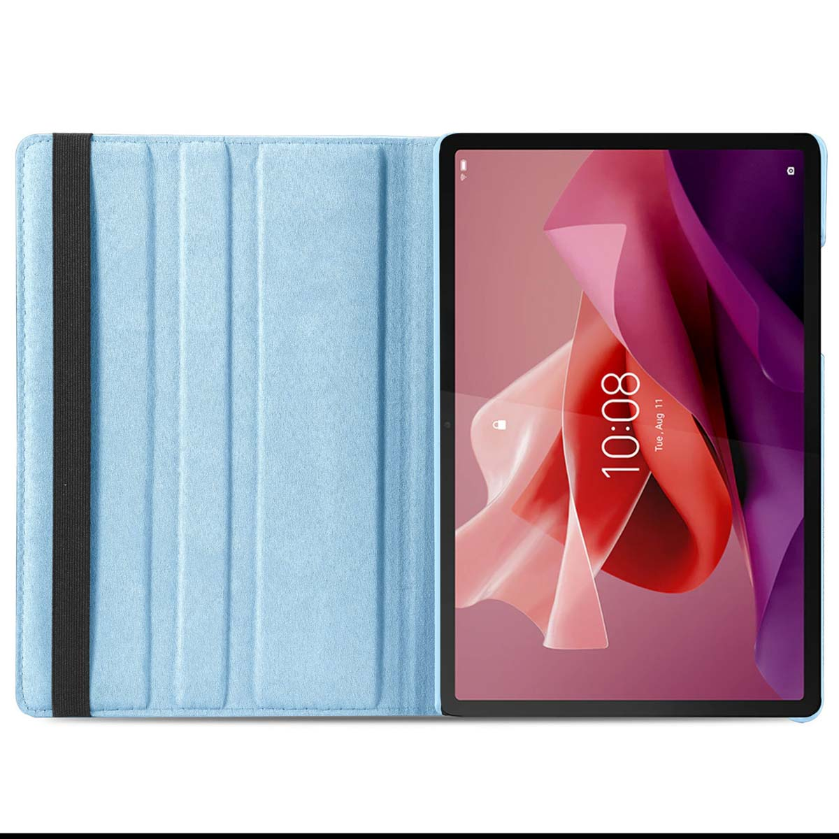 Tablet in een blauwe hoes, open. De hoes is lichtblauw. Het scherm toont een roze en rood ontwerp.