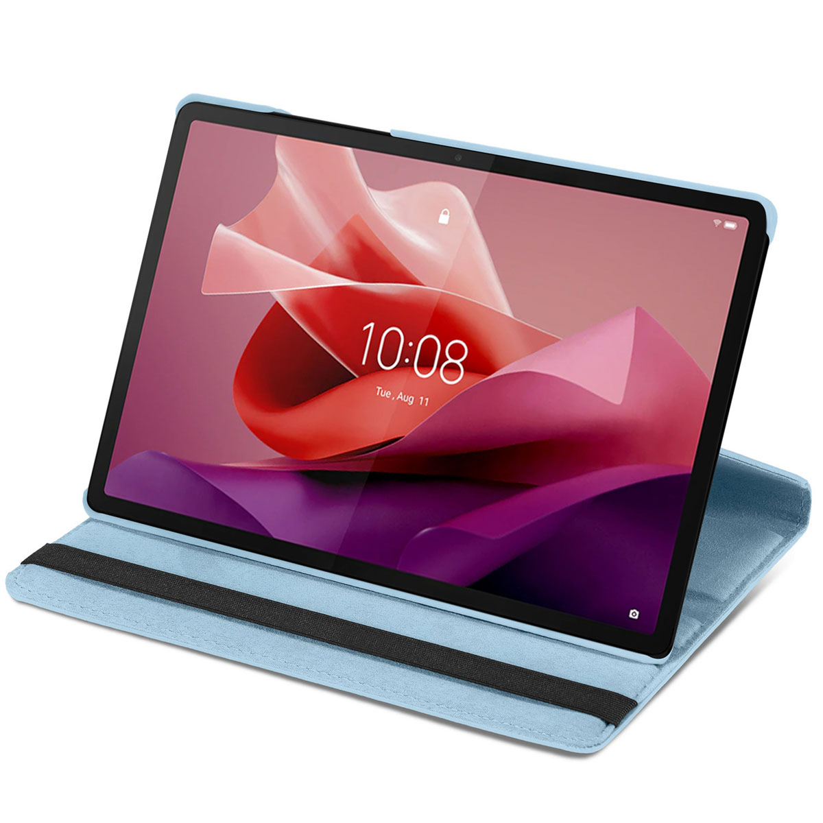 Een tablet in een blauwe hoes, met een standfunctie, met een roze interface.