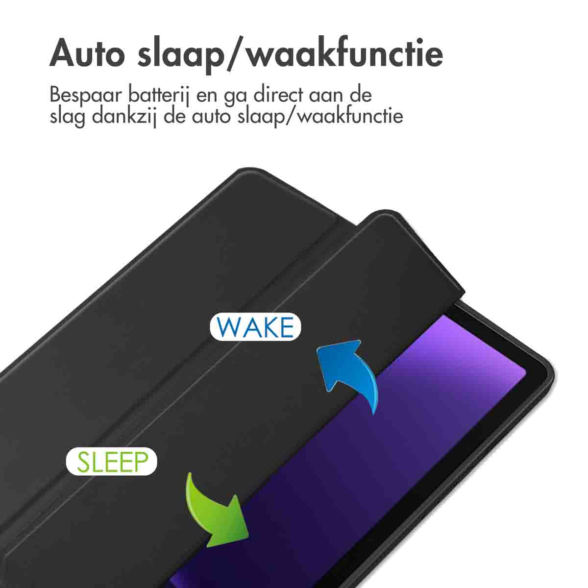 A black tablet cover. The cover is partially open, showing 'Wake' and 'Sleep' labels with arrows.