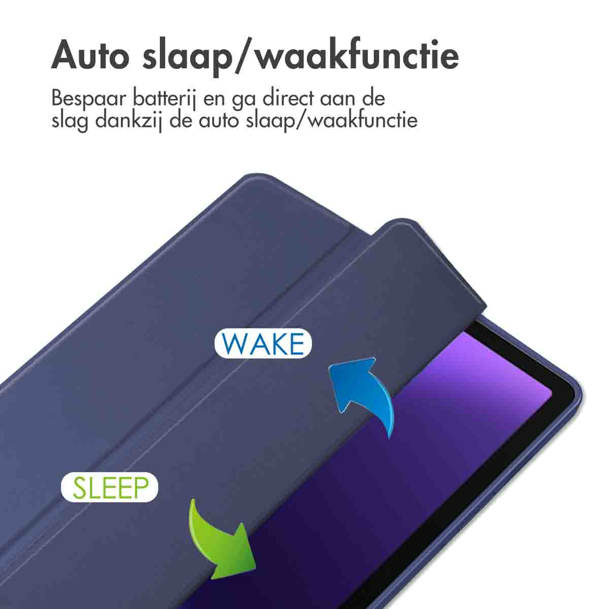 A blue tablet cover. The cover is partially open, showing 'Wake' and 'Sleep' labels with arrows.